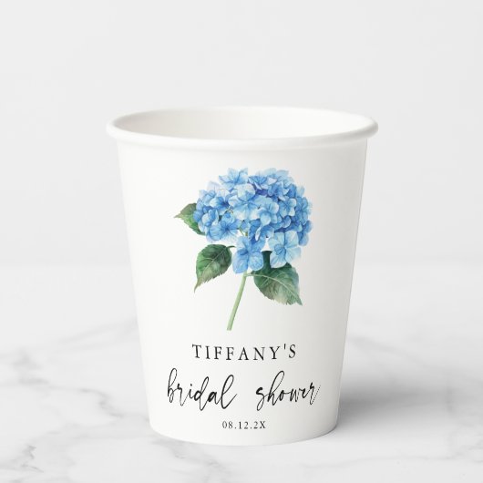 Blauer Hydrangea Brautparty Begrüßungszeichen Pappbecher (Rückseite)