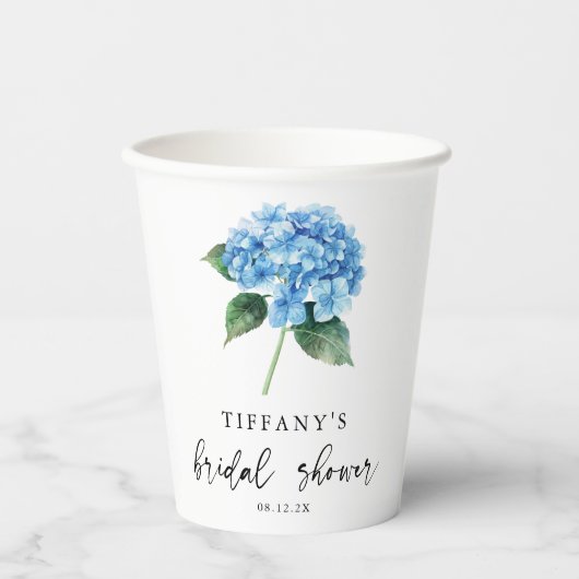 Blauer Hydrangea Brautparty Begrüßungszeichen Pappbecher (Vorderseite)