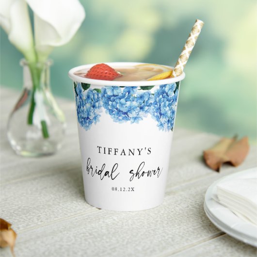 Blauer Hydrangea Brautparty Begrüßungszeichen Pappbecher (In Situ)