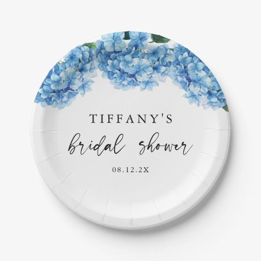 Blauer Hydrangea Brautparty Begrüßungszeichen Pappteller (Vorderseite)
