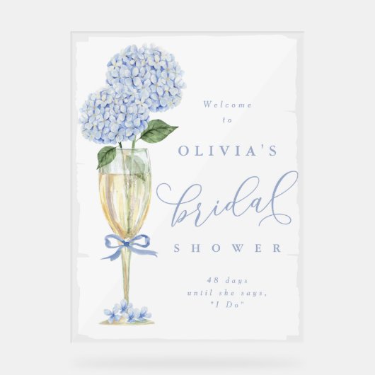 Blauer Hydrangea & Champagner Malerdusche Empfang Acrylschild (Vorderseite)