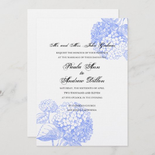 Blauer Hydrangea Hochzeitseinladung Einladung (Vorne/Hinten)