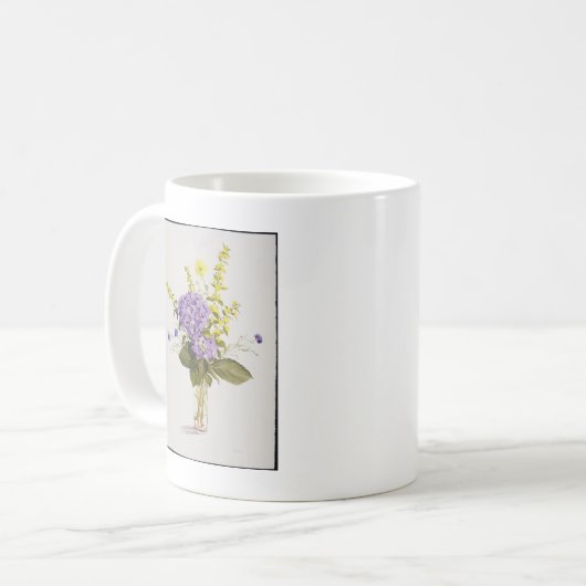 Blauer Hydrangea mit gelbem Felberich Kaffeetasse (Vorderseite Links)