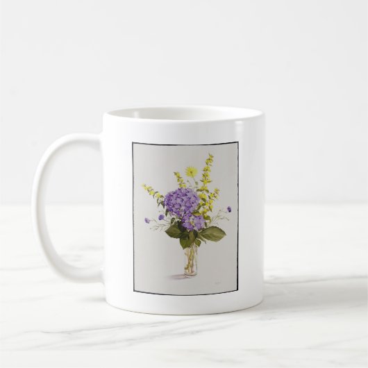 Blauer Hydrangea mit gelbem Felberich Kaffeetasse (Links)