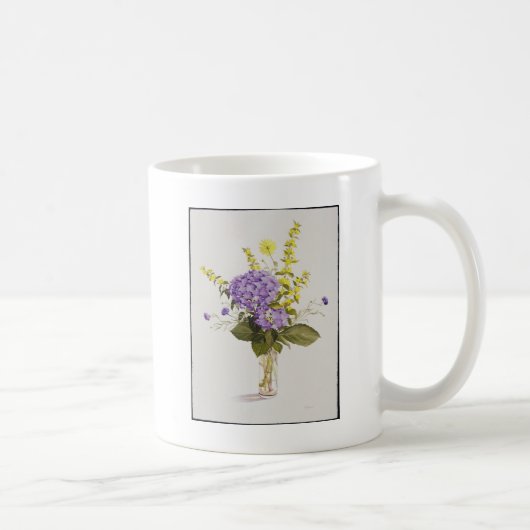 Blauer Hydrangea mit gelbem Felberich Kaffeetasse (Rechts)