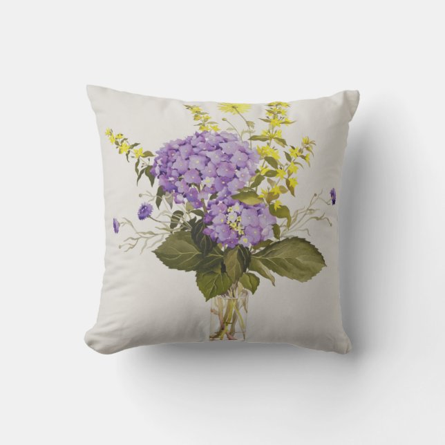 Blauer Hydrangea mit gelbem Felberich Kissen (Vorderseite)