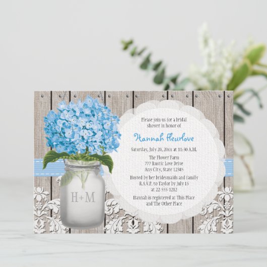 Blauer Hydrangea-mit Monogramm Einladung (Stehend Vorderseite)