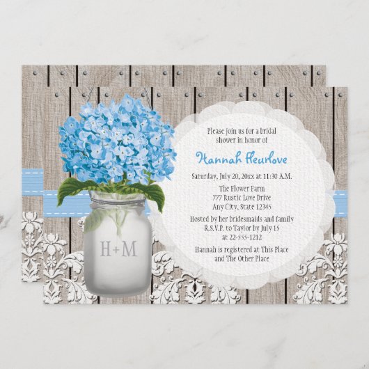 Blauer Hydrangea-mit Monogramm Einladung (Vorne/Hinten)