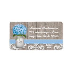 Blauer Hydrangea-mit Monogramm Maurer-Glas Adressaufkleber