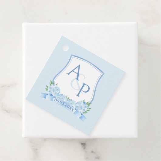 Blauer Hydrangea Monogram Wappen Hochzeit Geschenkanhänger (Beispiel)