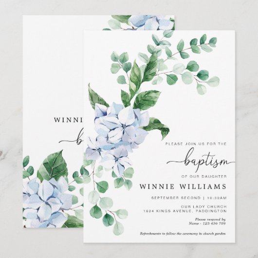 Blauer Hydrangea Taufen Einladung (Vorne/Hinten)