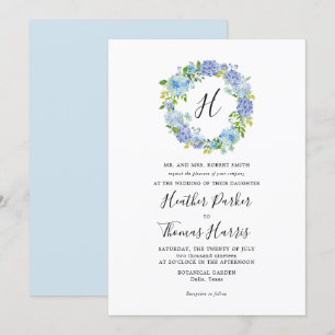 Blauer Hydrangeas Floral Monogram Einladung zur Ho