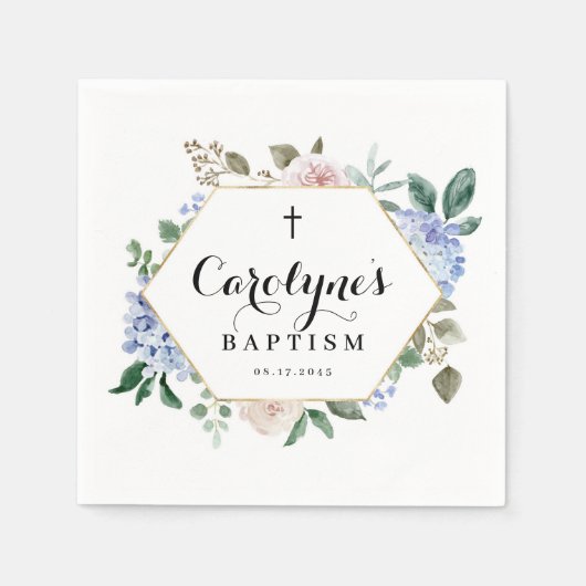 Blauer Hydrangeas und Rose Blumenrahmen Taufe Serviette (Vorderseite)