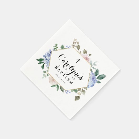 Blauer Hydrangeas und Rose Blumenrahmen Taufe Serviette (Ecke)