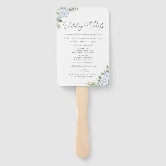 Blauer Hydrangeen-Blumen-Hochzeitsprogramm-Handfäc Fächer (Rückseite)
