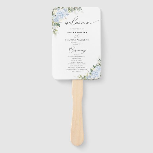 Blauer Hydrangeen-Blumen-Hochzeitsprogramm-Handfäc Fächer (Vorderseite)