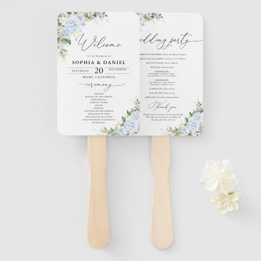 Blauer Hydrangeen-Blumen-Hochzeitsprogramm-Handfäc Fächer (Vorne und Hinten)