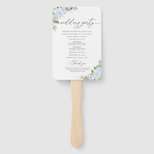 Blauer Hydrangeen-Blumen-Hochzeitsprogramm-Handfäc Fächer (Rückseite)