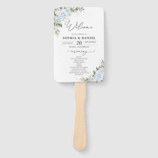 Blauer Hydrangeen-Blumen-Hochzeitsprogramm-Handfäc Fächer (Vorderseite)