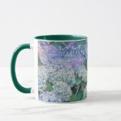 Blauer Hydrangeus Monogramm Namensschrift Tasse (Links)