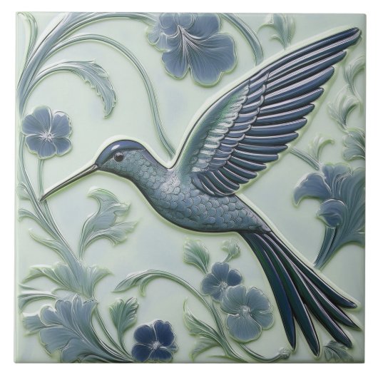 Blauer Imitat Relief Art Nouveau Hummingbird L Fliese (Vorderseite)