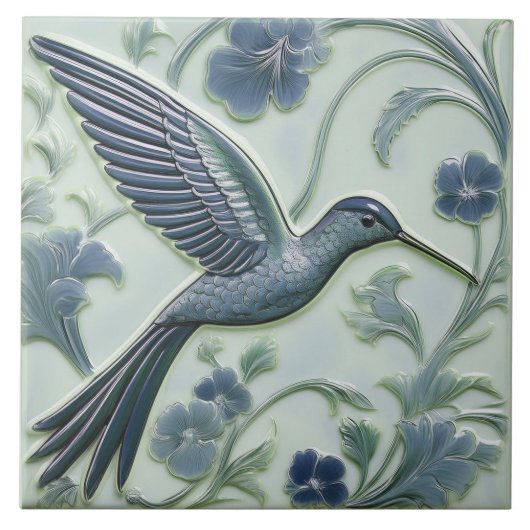 Blauer Imitat Relief Art Nouveau Hummingbird R Fliese (Vorderseite)