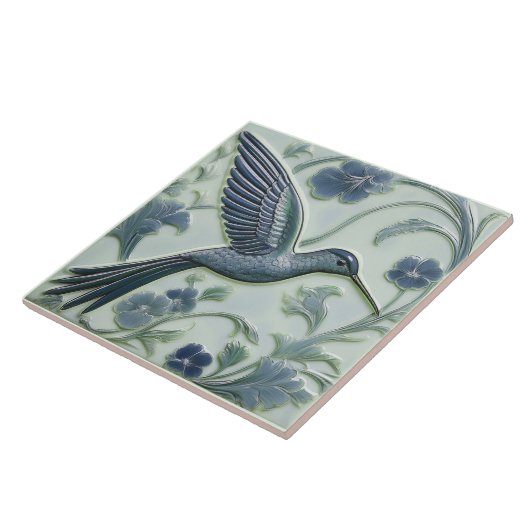 Blauer Imitat Relief Art Nouveau Hummingbird R Fliese (Seite)