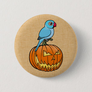 Blauer Indischer Ringhals-Papagei auf Halloween-Kü Button