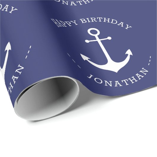 Blauer individuelle Name-Ankertext Geburtstag Geschenkpapier (Rolleneckpunkt)