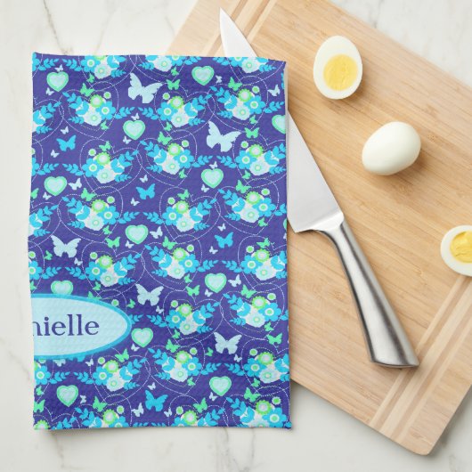 Blauer individuelle Name Geschirrtuch (Viertel Falte)