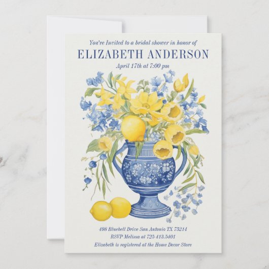 Blauer italienischer Blumenstrauß Lemon Bridal Dus Einladung (Vorderseite)