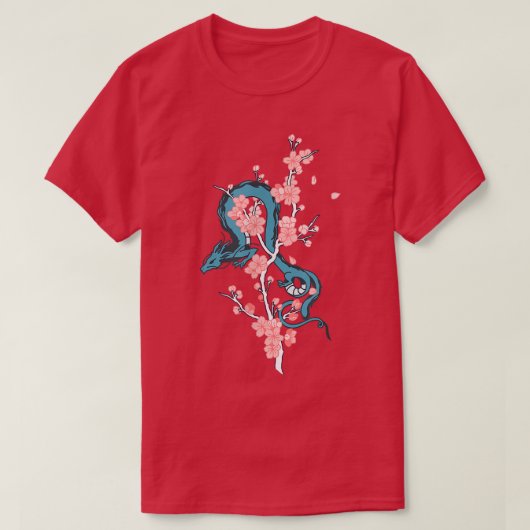 Blauer japanischer Drache mit Sakura Blossom Tree T-Shirt (Design vorne)
