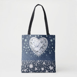 Blauer Jean Denim & Diamanten Bling Diamant Herz Tasche