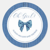 Blauer Jean mit Stichen und Bugbaby-Dusche Runder Aufkleber (Vorderseite)