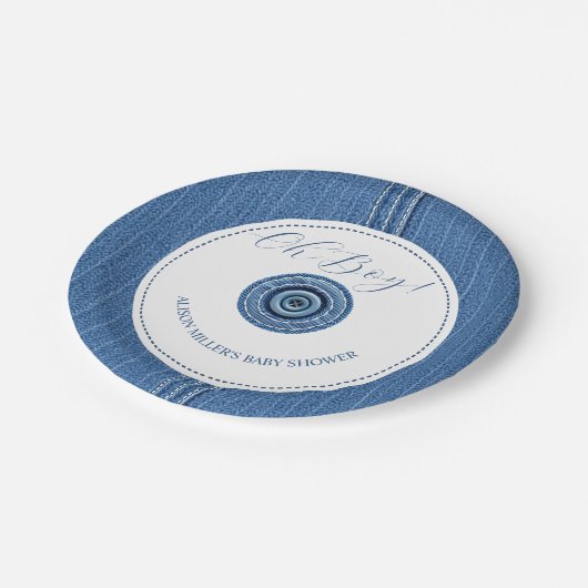 Blauer Jean mit Stichen und Knopfjunge Dusche Pappteller (Schrägansicht)