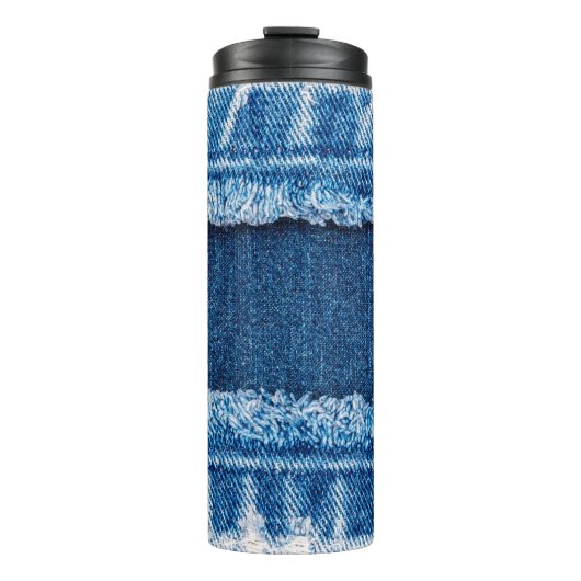 Blauer Jeans Stoff Textur Thermosbecher (Vorderseite)