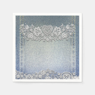 Blauer Jeansstoff und weißes Herzspitzen-Brautbad Serviette