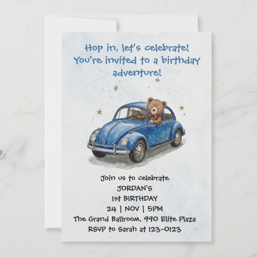 Blauer Junge Aquarell-Teddybär fährt Auto Einladung (Vorderseite)