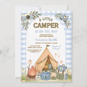 Blauer Junge Gingham Camping Jungen Dusche  Einladung