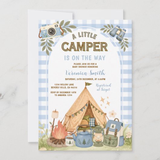 Blauer Junge Gingham Camping Jungen Dusche  Einladung (Vorderseite)
