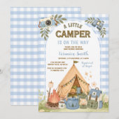 Blauer Junge Gingham Camping Jungen Dusche  Einladung (Vorne/Hinten)