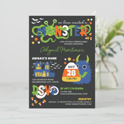 Blauer Junge Monster Typografie Halloween Kinderdu Einladung (Stehend Vorderseite)