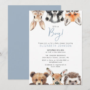 Blauer Junge Süßer Wald Tiere Baby Shower Einladung