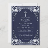 Blauer Junge Taufe Erster Geburtstag Vintages Kreu Einladung (Vorderseite)