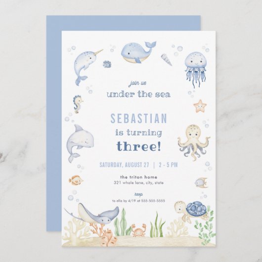 Blauer Junge unter dem Meer Einladung zum Geburtst (Vorne/Hinten)