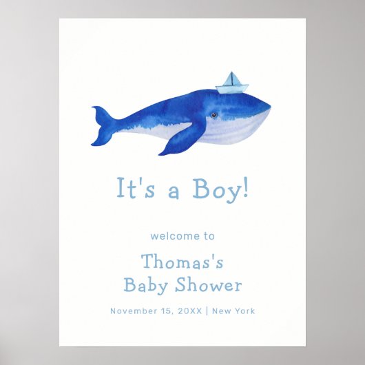 Blauer Junge unter dem Whale Babydusche Willkommen Poster (Vorne)
