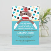 Blauer Jungen-Socken-Affe-Babyparty-Einladung Einladung (Stehend Vorderseite)