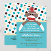 Blauer Jungen-Socken-Affe-Babyparty-Einladung Einladung (Vorne/Hinten)