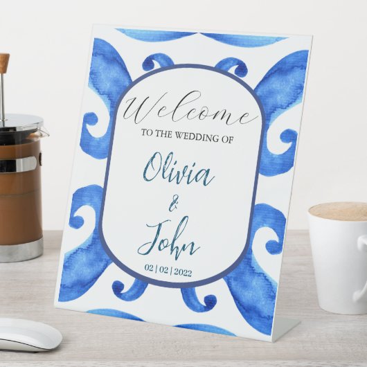 Blauer Kachelblauer Hochzeitstag Sockelschild (In Situ)