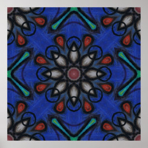 Blauer Kaleidoskop-Mandala mit roten und grauen Ak Poster